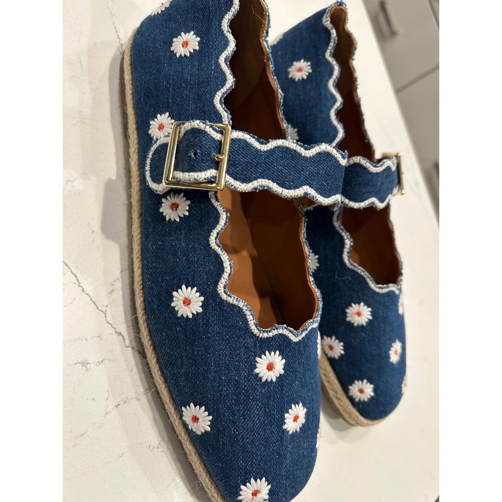 Maeve Mary Jane Flats Blue Denim Daisy Embroidered Scalloped Espadrille Shoes - Picture 2 of 6